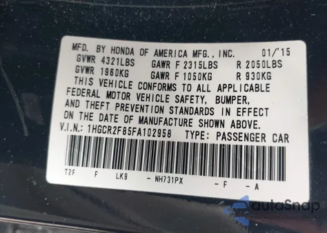 2015 Honda Accord Ex-L из США, поврежденный, VIN 1HGCR2F85FA102958